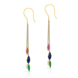Ruby, Sapphire, Emerald Pear Shape Dangling Earrings made in 18 Karat Yellow Gold.