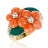 Van Cleef & Arpels Double Flower Coral, Chrysoprase, 0.96 ct. Diamond Ring, 18k