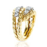 French Van Cleef & Arpels Two Row Diamonds and Twisted Rope Gold Ring, 18k