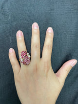 Invisibly Set 8 Row Ruby Flower-Cut Cocktail Ring with Marquise Diamonds, 18K