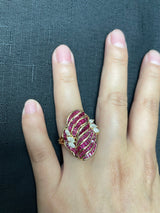 Invisibly Set 8 Row Ruby Flower-Cut Cocktail Ring with Marquise Diamonds, 18K