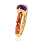Oval Amethyst Cabochon with Orange Enamel with Gold Design, 14k