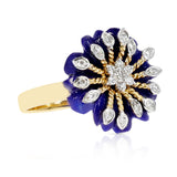 Carved Floral 8.21 ct. Lapis with 0.21 ct. Diamonds and Gold Ring, 14K Yellow