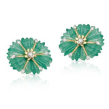 33 cts. Carved Floral Jade Earrings with Diamonds, 14k Gold