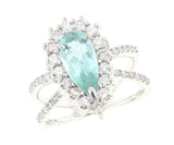Greenish Blue Pear Tourmaline Ring with Diamonds, White Gold