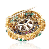 Ruby, Sapphire, Emerald and Diamond Circular Floral Design Brooch, 14k Gold