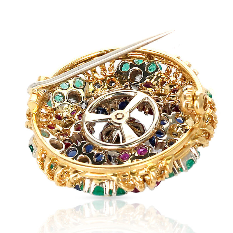 Ruby, Sapphire, Emerald and Diamond Circular Floral Design Brooch, 14k Gold