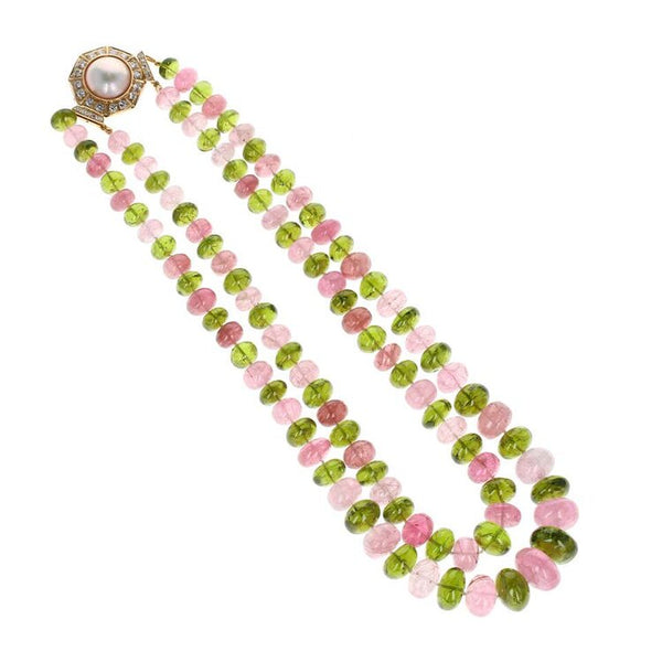 Peridot and Morganite Beads Yellow Gold and Diamond Brooch and Necklace