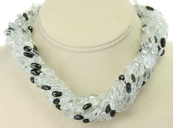 Genuine & Natural Aquamarine Faceted Tumbled Beads with Tourmaline Choker Necklace