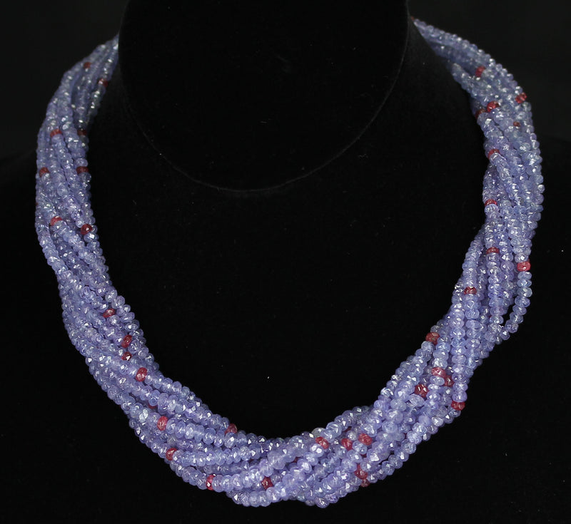 Genuine & Natural Tanzanite and Spinel Faceted Beads Choker Necklace, 18K White