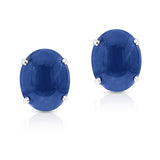 Blue Sapphire Oval Cabochon Stud Earrings Made in 14 Karat White Gold