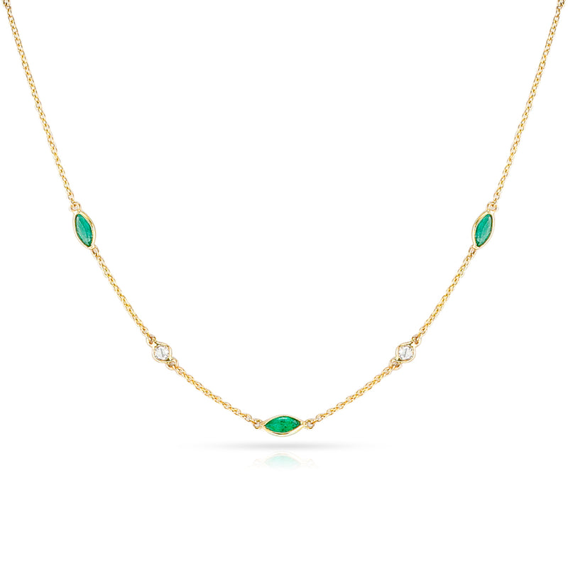 Marquise Emerald and Round Diamond Rose Cut Necklace, 18K
