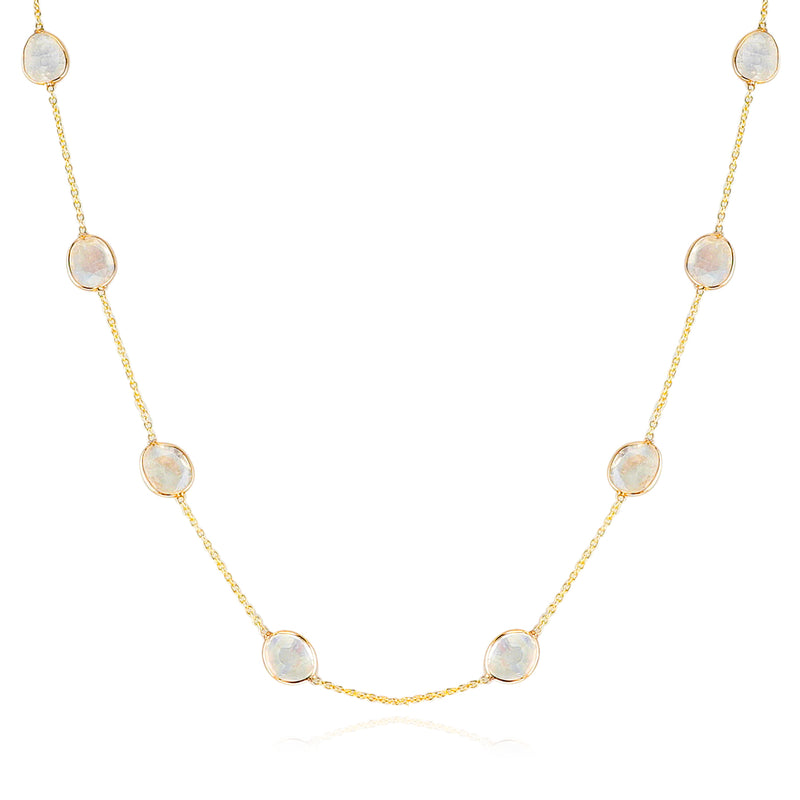 Mixed Cut Rainbow Moonstone 38" Necklace, 18K