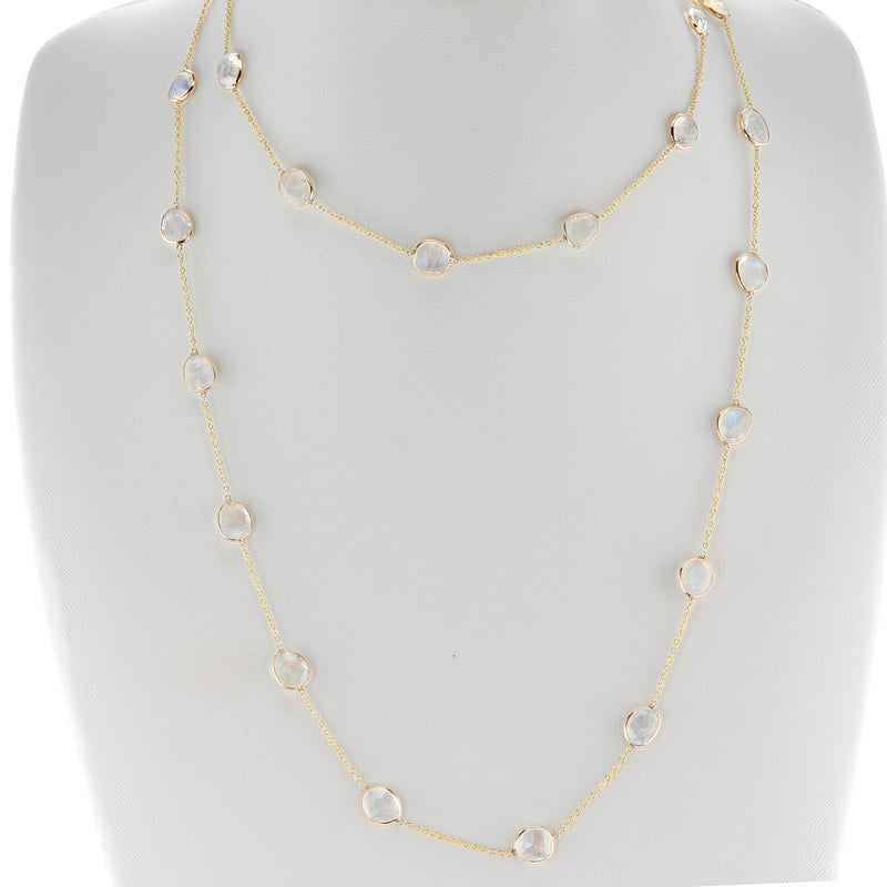 Mixed Cut Rainbow Moonstone 38" Necklace, 18K