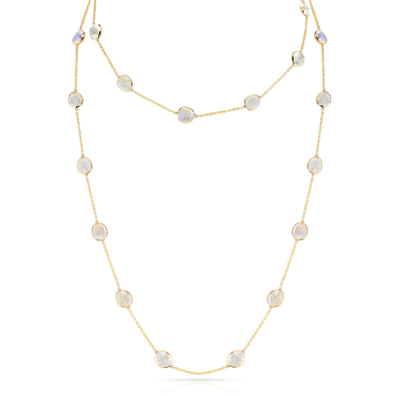 Mixed Cut Rainbow Moonstone 38" Necklace, 18K