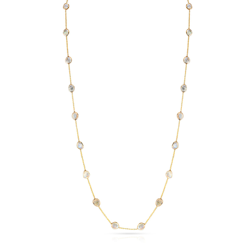 Mixed Cut Rainbow Moonstone 38" Necklace, 18K