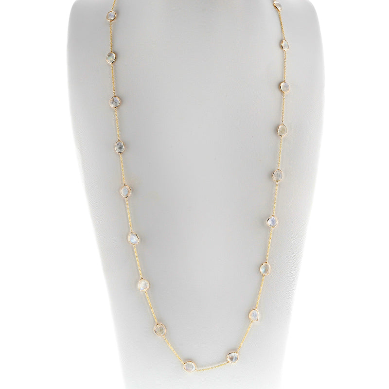 Mixed Cut Rainbow Moonstone 38" Necklace, 18K