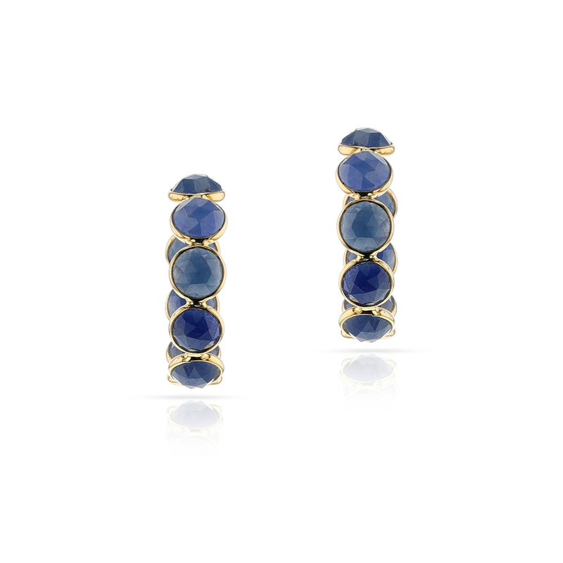 Round Faceted Blue Sapphire Hoop Earrings, 18K