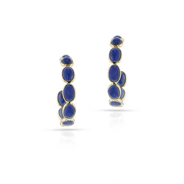 Oval Cabochon Blue Sapphire Hoop Earrings, 18K