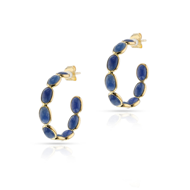 Oval Cabochon Blue Sapphire Hoop Earrings, 18K