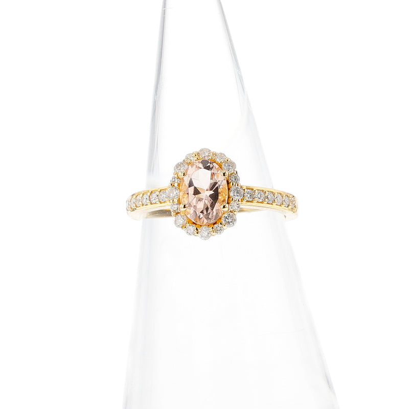 Oval Morganite and Diamond Halo Ring, 18k Yellow Gold