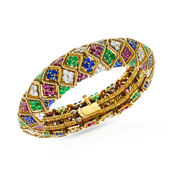 Fred Paris Ruby, Emerald, Sapphire and Diamond Bangle, 18k