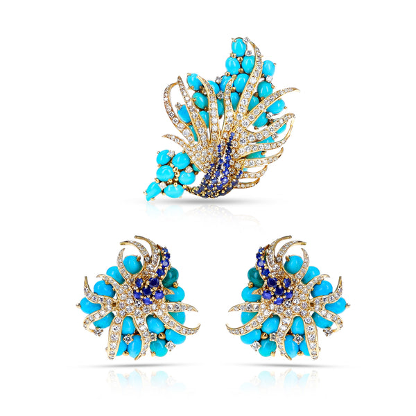Sterlé  Pierre Turquoise, Sapphire and Diamond Earring and Brooch Set, French