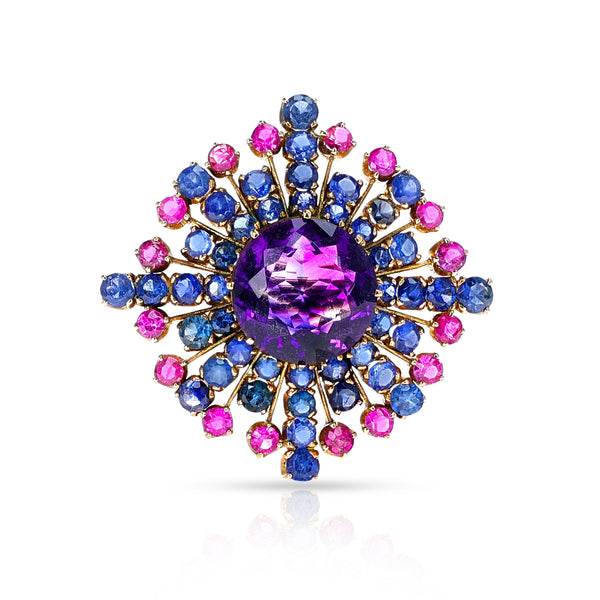 Amethyst, Sapphire, and Ruby Earrings. 14k Gold