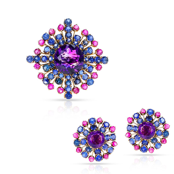 Amethyst, Sapphire, and Ruby Earring & Brooch Set, 14k Gold