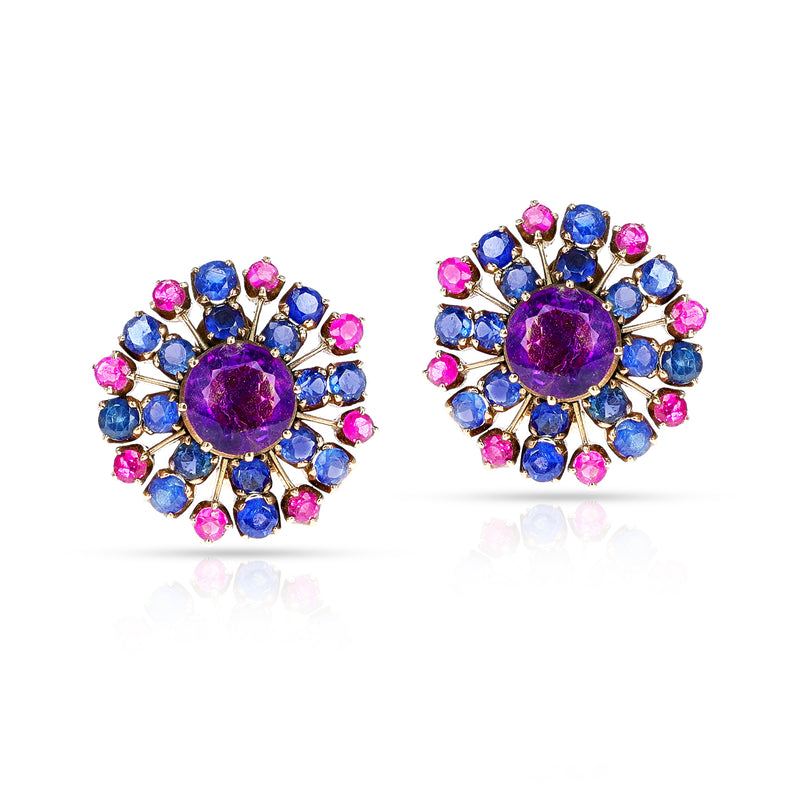 Amethyst, Sapphire, and Ruby Earring & Brooch Set, 14k Gold