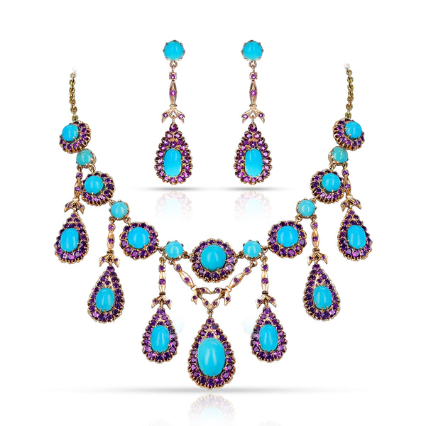 Natural Turquoise Cabochon and Amethyst Demi-Parure (Necklace/Earrings) Set, 14k