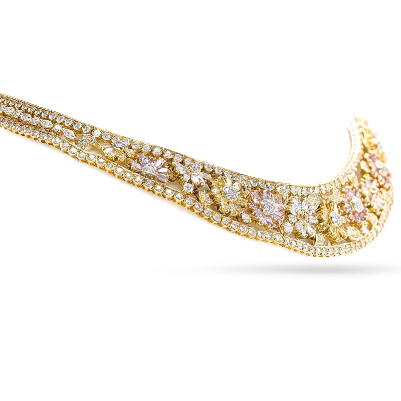 Floral Yellow, White and Pink Diamond Necklace, 18k, Stefan Hafner