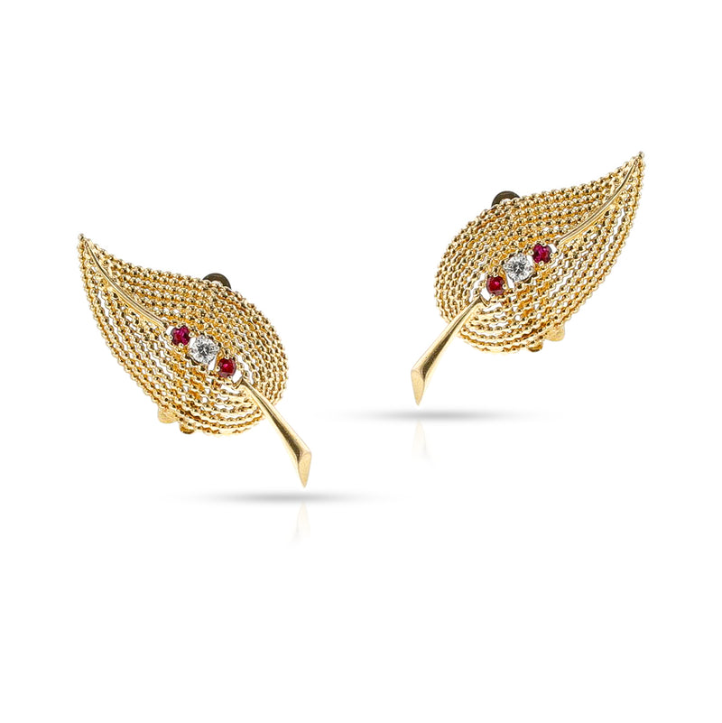 Tiffany & Co. Ruby and Diamond Leaf Earrings, 14k