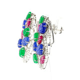 Ruby, Emerald, Sapphire Carved Leaves with Diamond Earrings, 18k