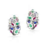Ruby, Emerald, Sapphire Carved Leaves with Diamond Earrings, 18k