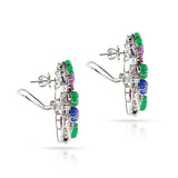 Ruby, Emerald, Sapphire Carved Leaves with Diamond Earrings, 18k