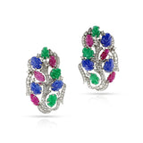 Ruby, Emerald, Sapphire Carved Leaves with Diamond Earrings, 18k