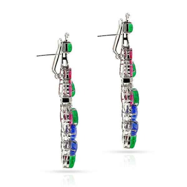 Ruby, Emerald, Sapphire Carved Leaves with Diamond Chandelier Earrings, 18k