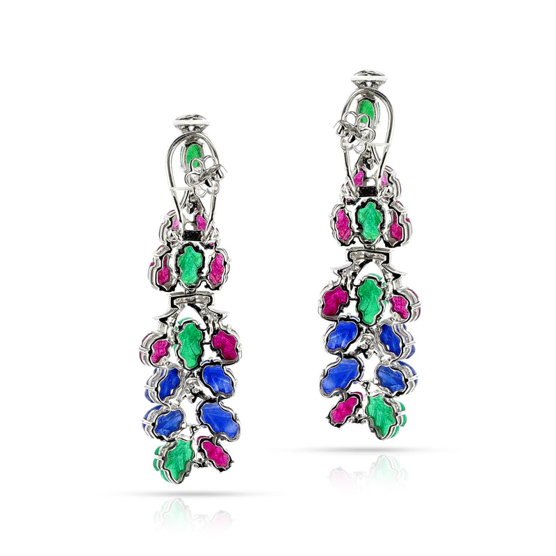 Ruby, Emerald, Sapphire Carved Leaves with Diamond Chandelier Earrings, 18k