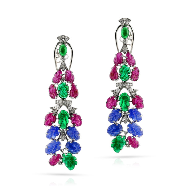 Ruby, Emerald, Sapphire Carved Leaves with Diamond Chandelier Earrings, 18k