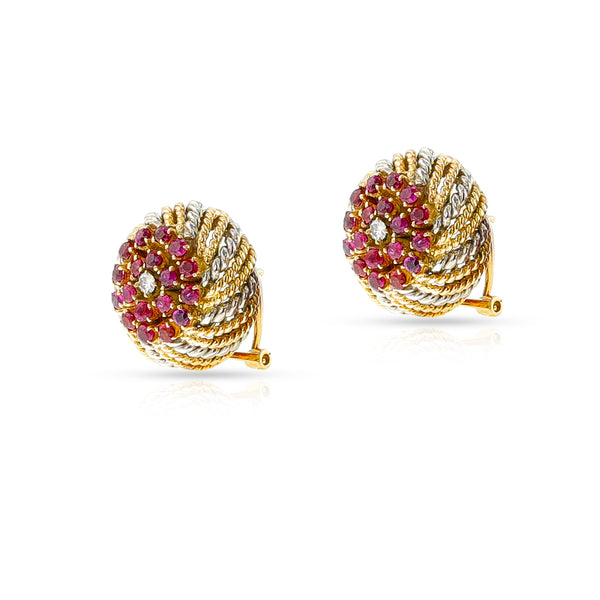 Rope-Work Yellow and White Gold Ruby and Diamond Earrings, 14k