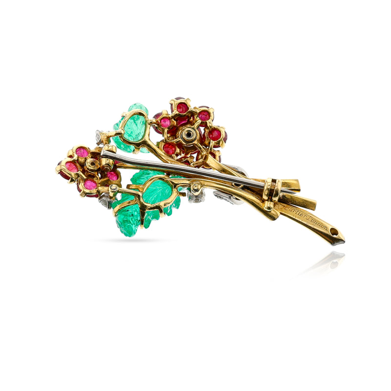 Cartier Tutti Frutti Emerald Carvings and Ruby Cabochons and Diamond Brooch, 18k