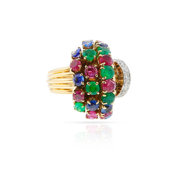 Ruby, Emerald, Sapphire, Diamond Cocktail Ring, 18k