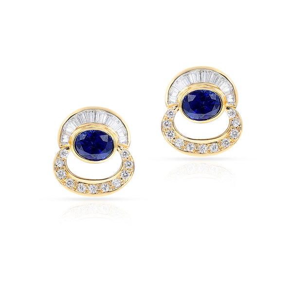 Oval Sapphire with Round and Baguette Diamond Earrings, 18k