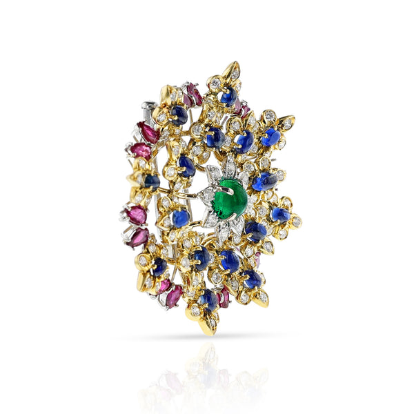 Emerald, Ruby, Sapphire and Diamond Brooch, 18k Gold and Platinum