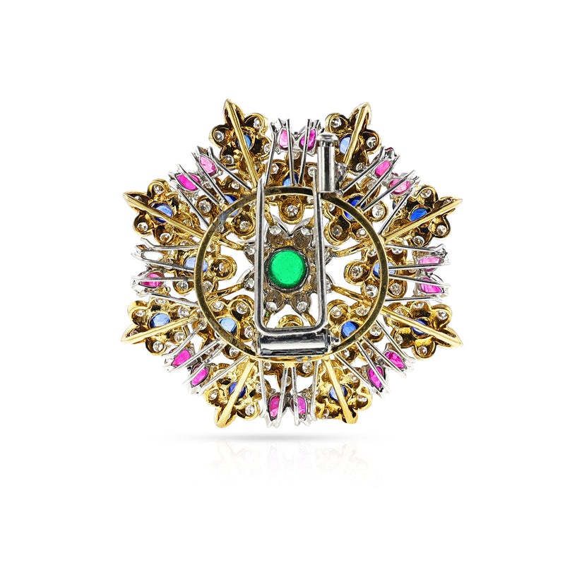 Emerald, Ruby, Sapphire and Diamond Brooch, 18k Gold and Platinum