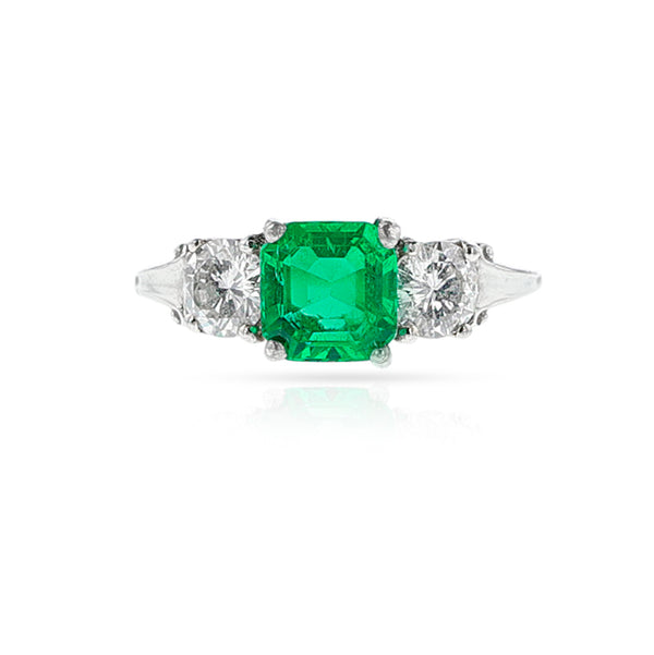 GIA Certified 1.21 ct. Octagonal Step-Cut Colombian Emerald Ring with Diamonds, Platinum
