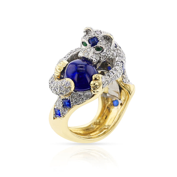 Diamond, Sapphire, and Emerald Panther Ring, 18 Karat Gold