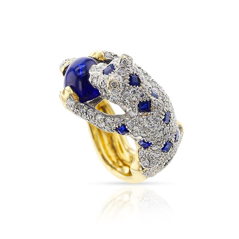 Diamond, Sapphire, and Emerald Panther Ring, 18 Karat Gold