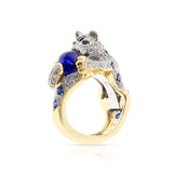 Diamond, Sapphire, and Emerald Panther Ring, 18 Karat Gold